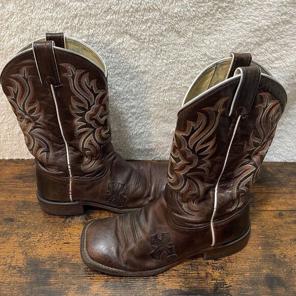 Tony Lama Western Mens Boots 7.5 B Embroidery Cross Inlay Leather Cowboy Rodeo - Picture 3 of 16